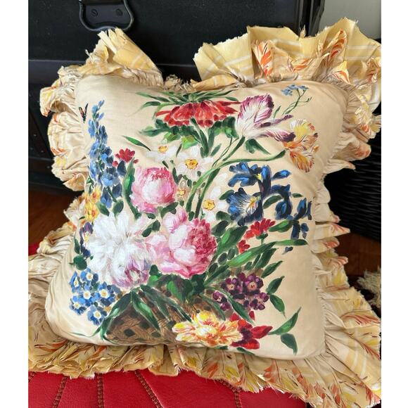 Vintage Silk Victorian Pillow Hand Painted ruffled yellow Dawn filled READ - Picture 3 of 16